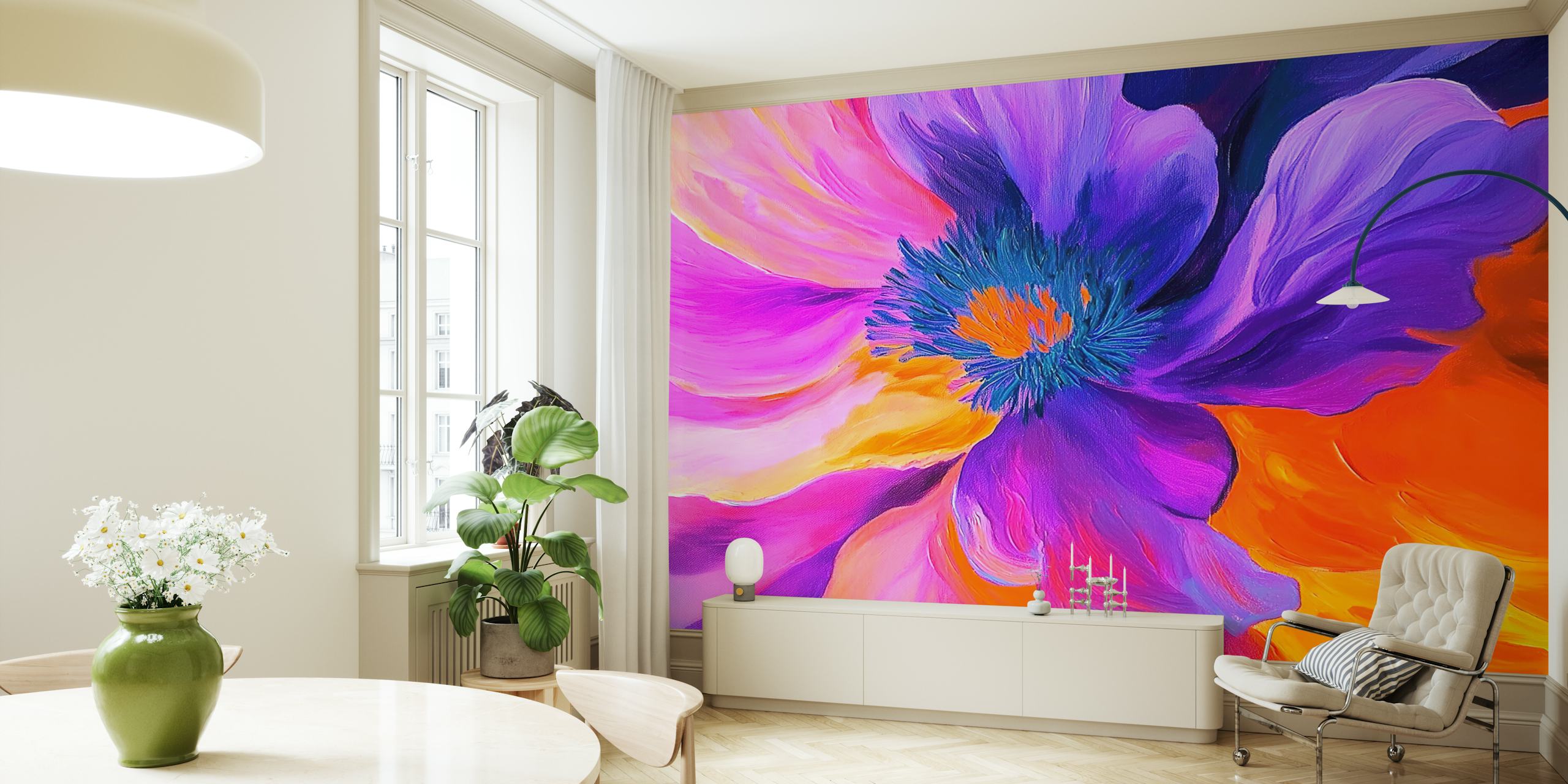 Groot paarse en oranje bloem met diepe details, abstracte kunst wallpaper